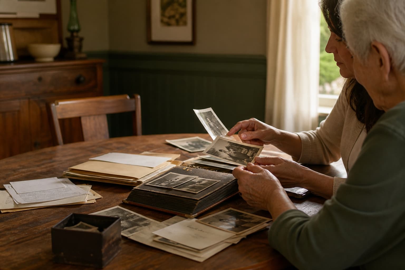 Two adults sorting a family photo album and household papers together