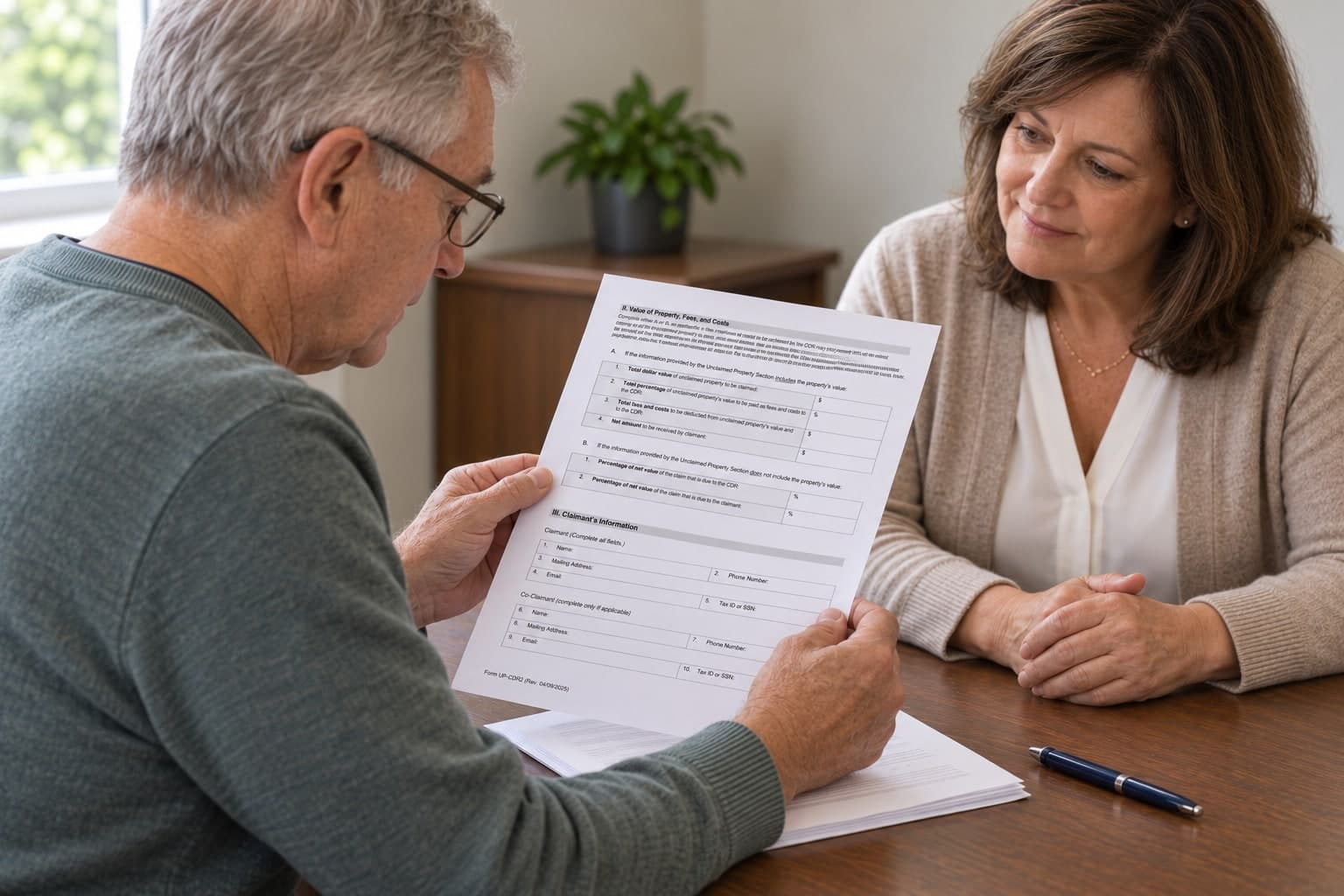 An older adult reviews printed documents at a table while another person sits nearby.