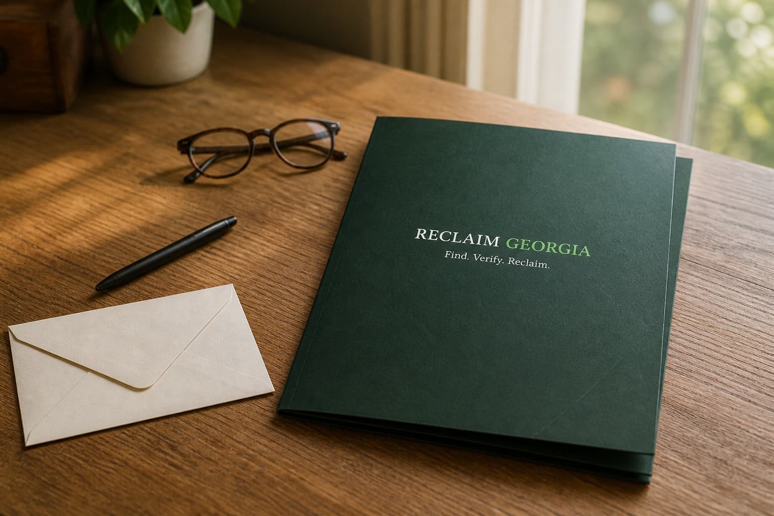 A Reclaim Georgia case folder and envelope arranged on a wooden desk