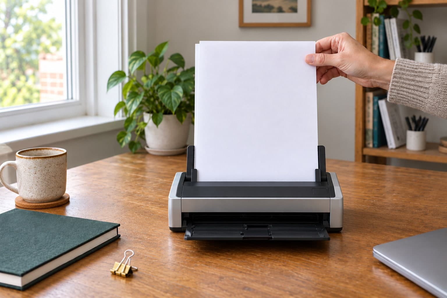 A hand aligns blank pages in a desktop document scanner