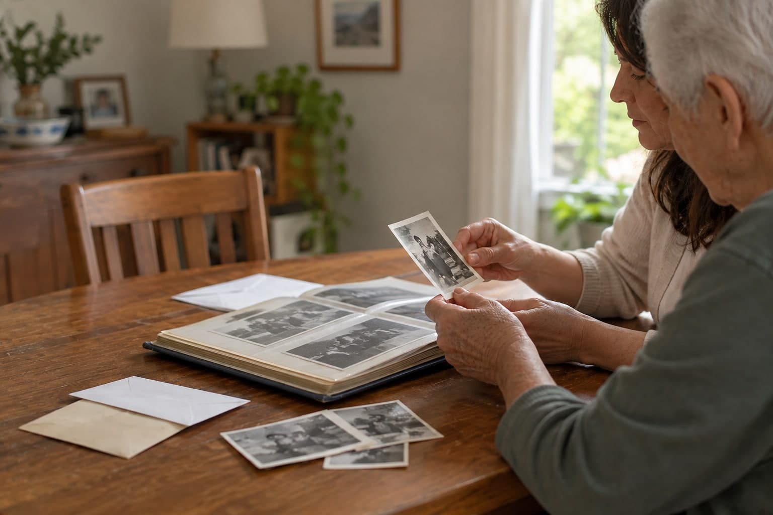 Two adults looking through a family photo album together