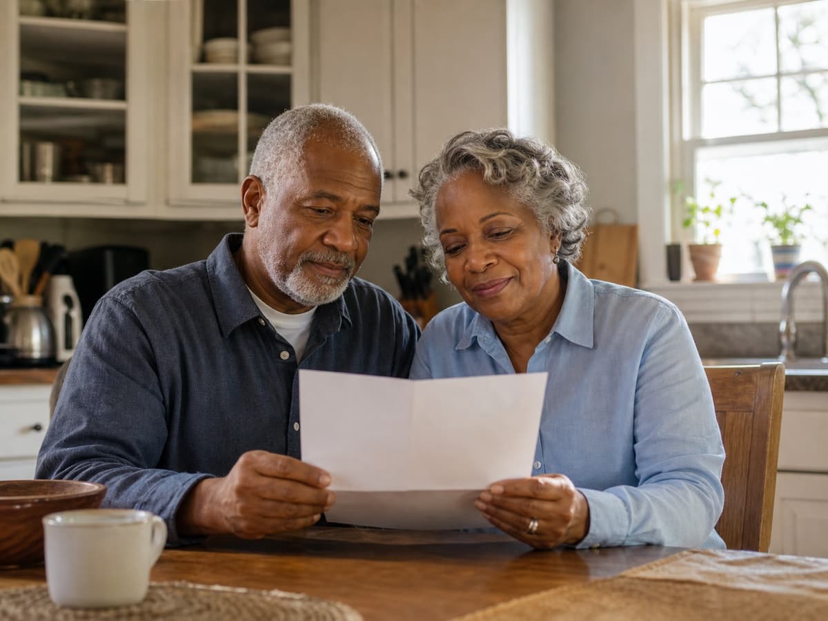 A couple in their sixties reading a letter together at a kitchen table