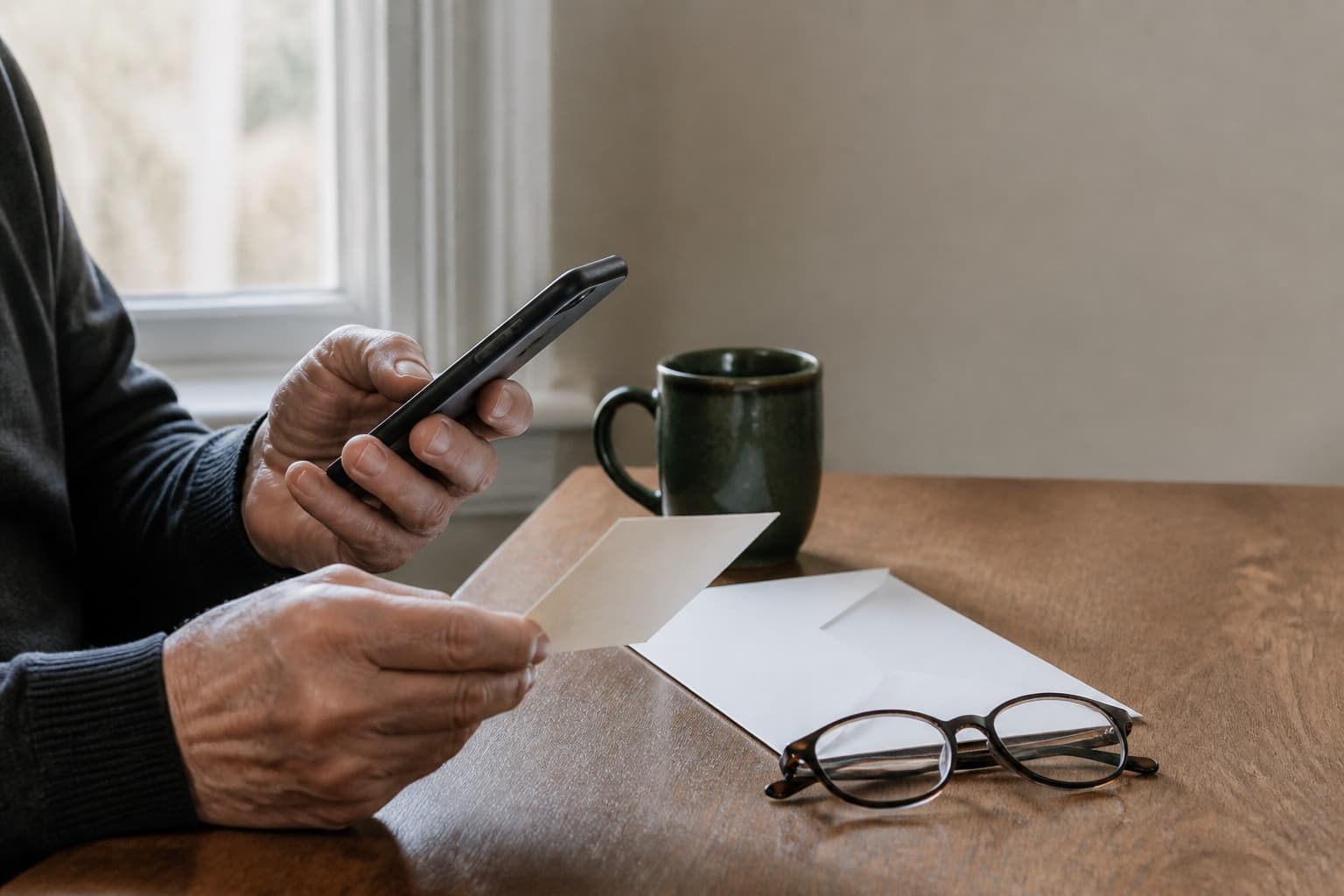 An older adult comparing a mailed note with information on a phone