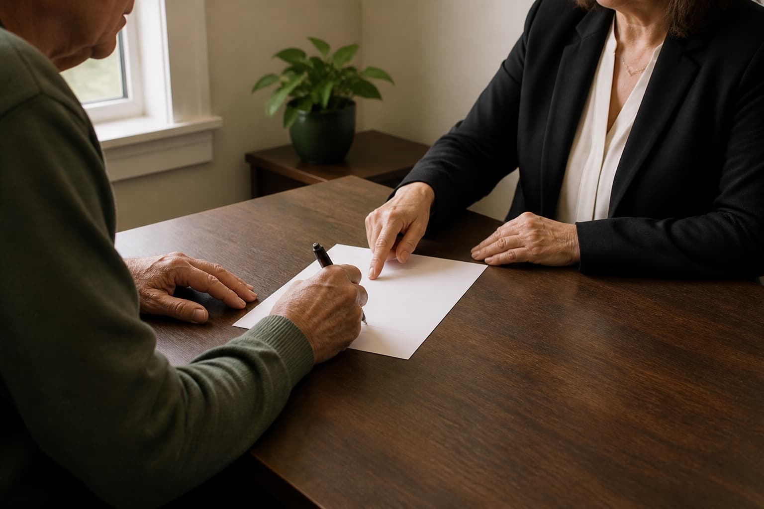 An older adult signing a plain form while a notary points to the signature line