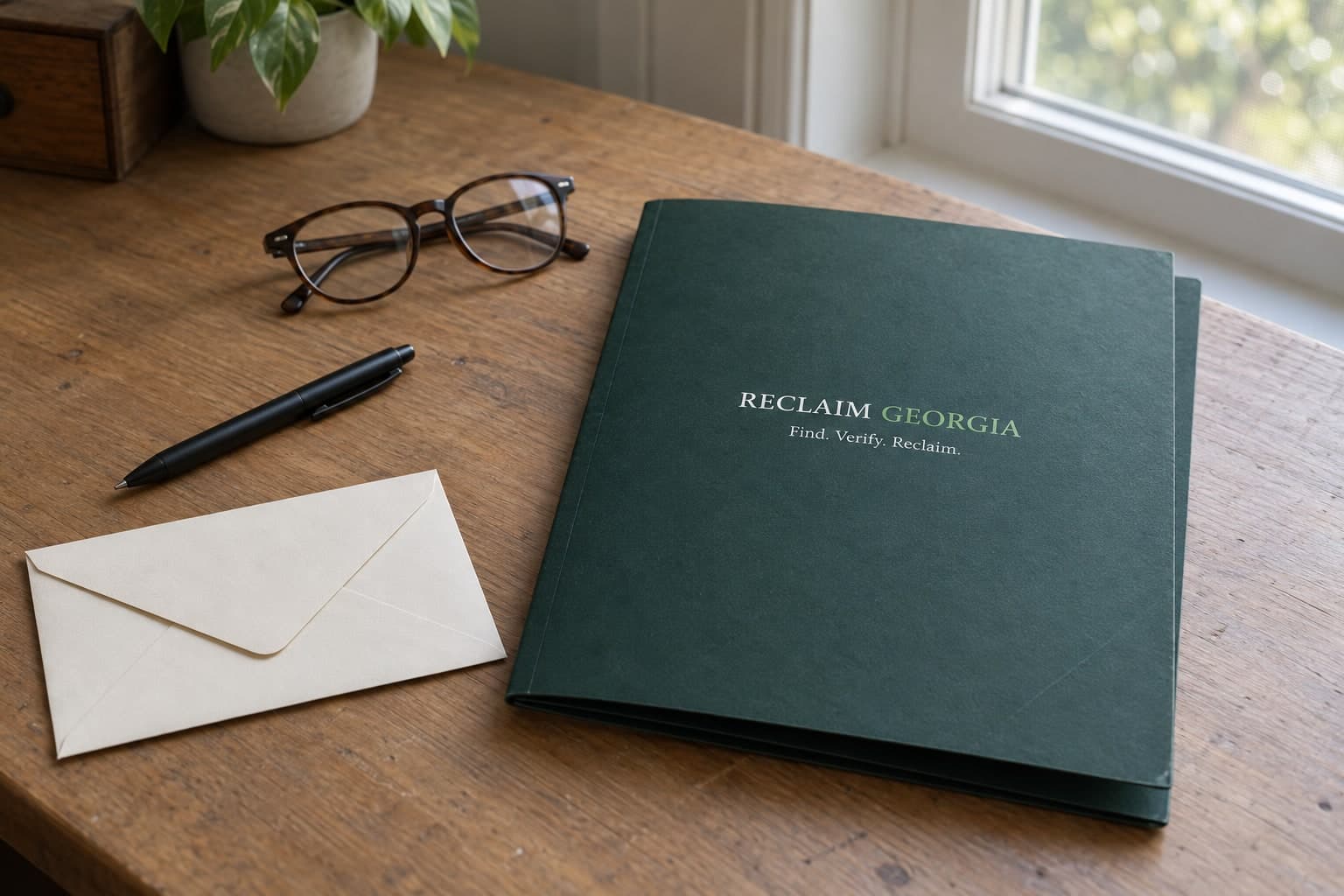 A Reclaim Georgia folder, envelope, pen, and reading glasses on a wooden desk