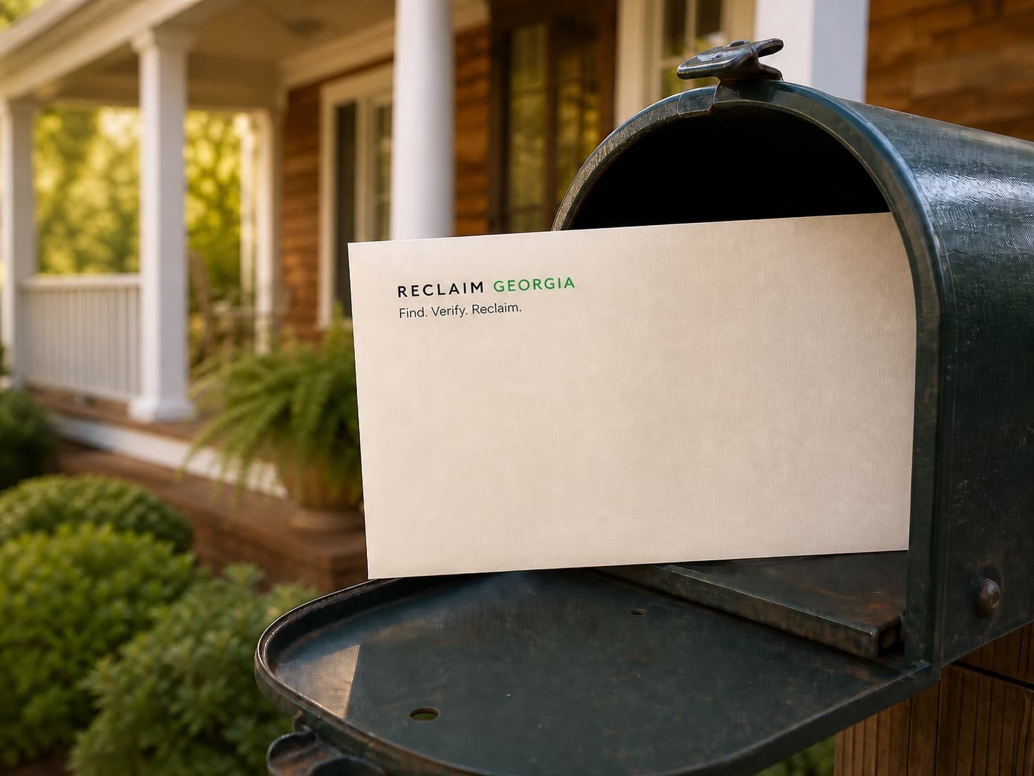A Reclaim Georgia envelope resting in an open residential mailbox